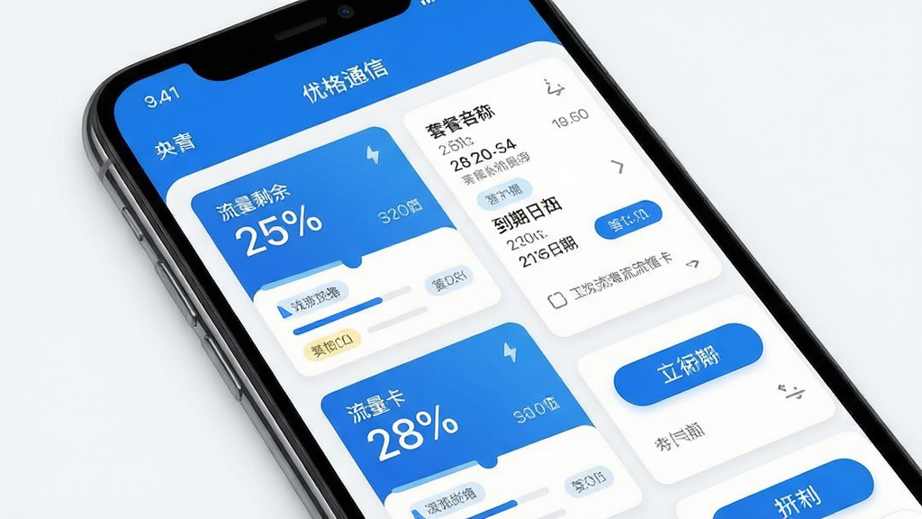 优格通信流量卡管理功能界面展示图,画面主体为手机屏幕特写,屏幕内显示优格通信APP的流量卡列表页面,每张卡片上标注流量剩余百分比、套餐名称、到期日期,界面采用卡片式布局,配色以蓝白为主,风格清爽商务,细节包括进度条、状态标签、操作按钮,画质清晰,画面干净整洁,无多余元素