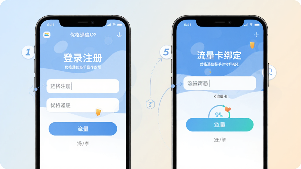 优格通信新手操作指引示意图,画面为一部手机展示优格通信APP的登录注册页面与流量卡绑定页面,两个界面左右排列,背景为柔和的浅色渐变,风格为扁平化插画风,细节包括输入框、按钮、步骤序号标识,画质高清,画面干净整洁,无多余元素
