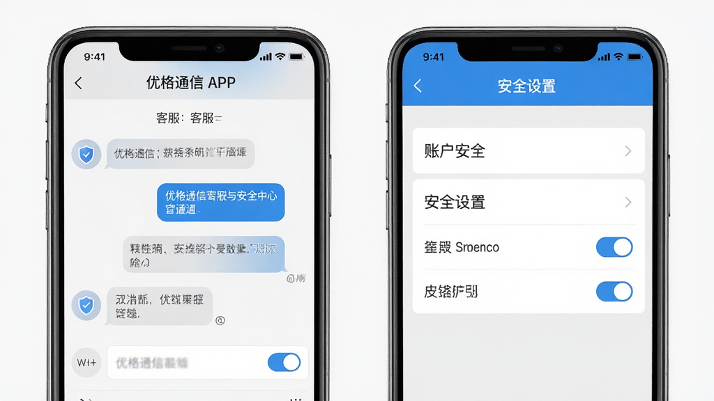 优格通信客服与安全中心界面展示图,画面为手机屏幕内展示优格通信APP的客服聊天窗口与安全设置页面并排布局,左侧为客服对话界面,右侧为账户安全设置选项,界面风格简洁专业,配色以浅灰和蓝色为主,细节包括聊天气泡、盾牌图标、开关按钮,画质高清,画面干净,无多余元素