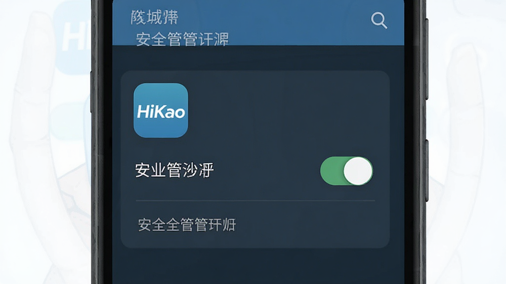 一张手机安全设置界面示意图,画面展示安卓手机权限管理页面,中心有 “HiKbao” 软件图标和权限开关,风格简洁商务,色调偏冷,细节清晰,画质高清,无多余元素