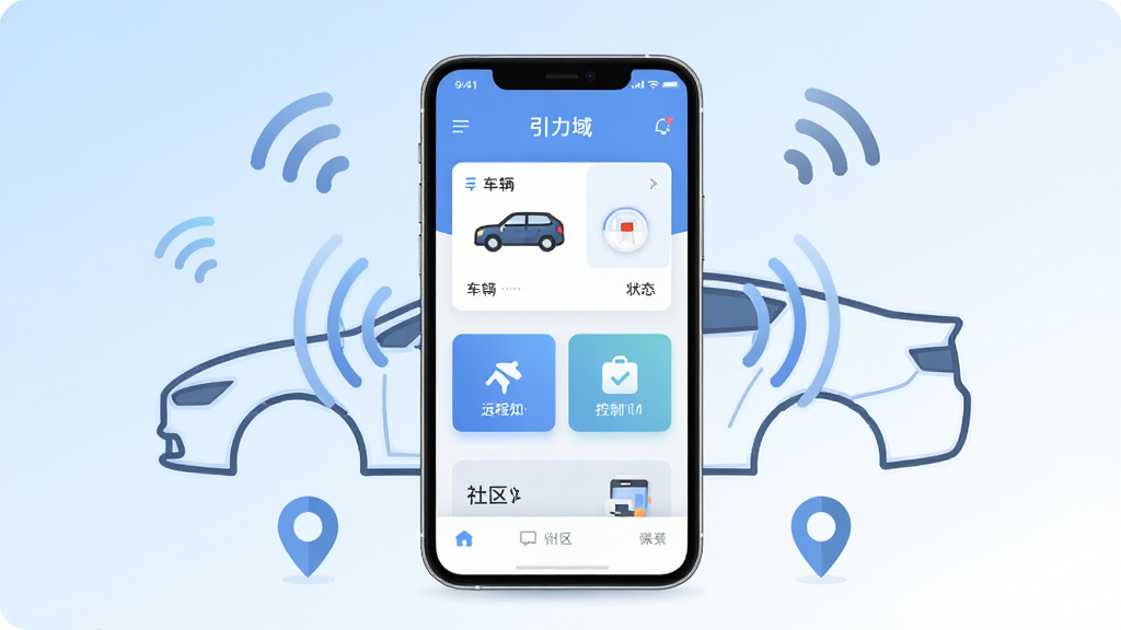 画面中央放置一部智能手机,手机屏幕上展示“引力域”APP的首页界面,包含车辆状态卡片、远程控制按钮和社区入口。手机周边环绕汽车轮廓线条、信号波纹、定位图标等科技元素。背景为浅蓝到白色的渐变,整体采用扁平化科技风格,细节清晰,排版居中,画质干净明亮,无多余杂乱元素。