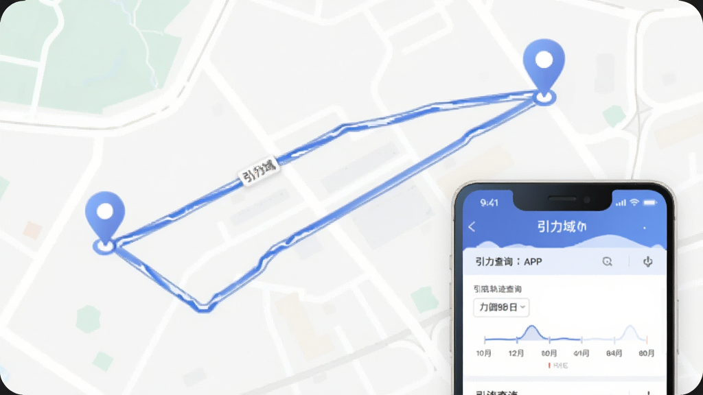 画面以地图为背景,上面用蓝色线条标注出行车轨迹路线,起点和终点分别有定位图标。画面一角展示“引力域”APP的轨迹查询界面截图,包含日期选择和时间轴。整体风格为简约信息图,色彩柔和,细节清晰,画质干净,无多余元素。