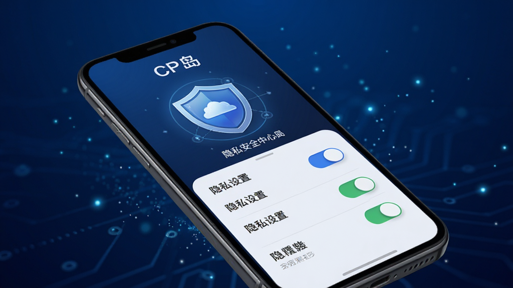 软件名称“CP岛”隐私安全中心界面,画面中手机屏幕显示安全盾牌图标和隐私设置开关列表。背景为深蓝色科技感渐变,带有细微的光点粒子。风格稳重专业,细节清晰,画质干净,无多余元素