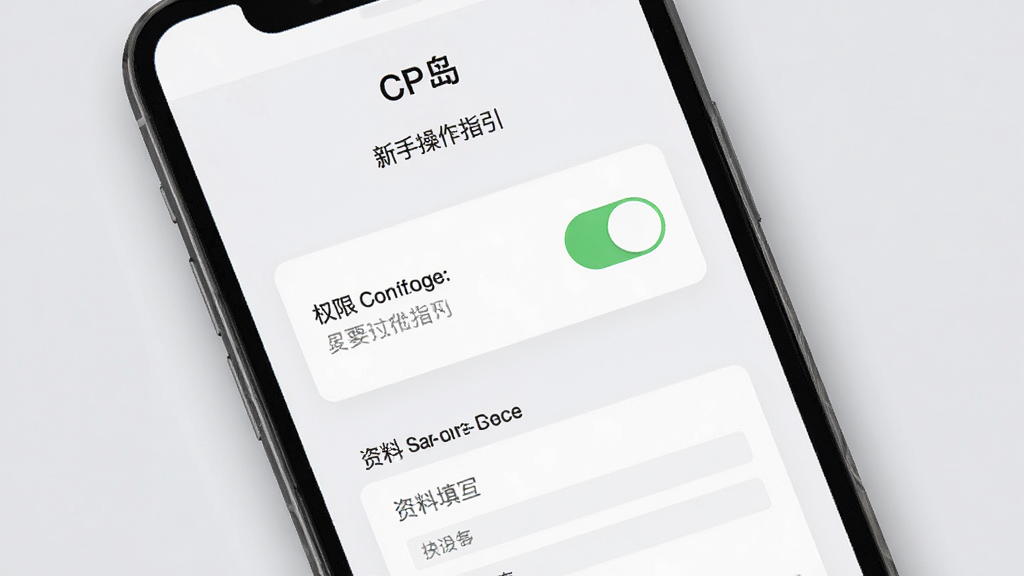 软件名称“CP岛”新手操作指引,画面展示手机屏幕上的设置向导界面,包含权限开关和资料填写提示。背景为浅灰色简洁风格,带有柔和的阴影效果。细节清晰,画质干净,无多余元素