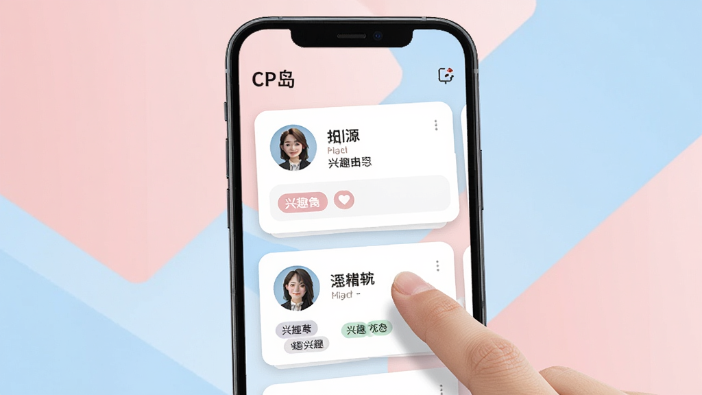 软件名称“CP岛”智能匹配功能展示,画面主体是一部手机,屏幕上显示卡片式用户推荐界面,卡片上有头像、昵称和兴趣标签,手指正在滑动卡片。背景为淡粉色与浅蓝色交织的抽象几何图形,风格简约时尚,细节丰富,画质清晰,无多余元素