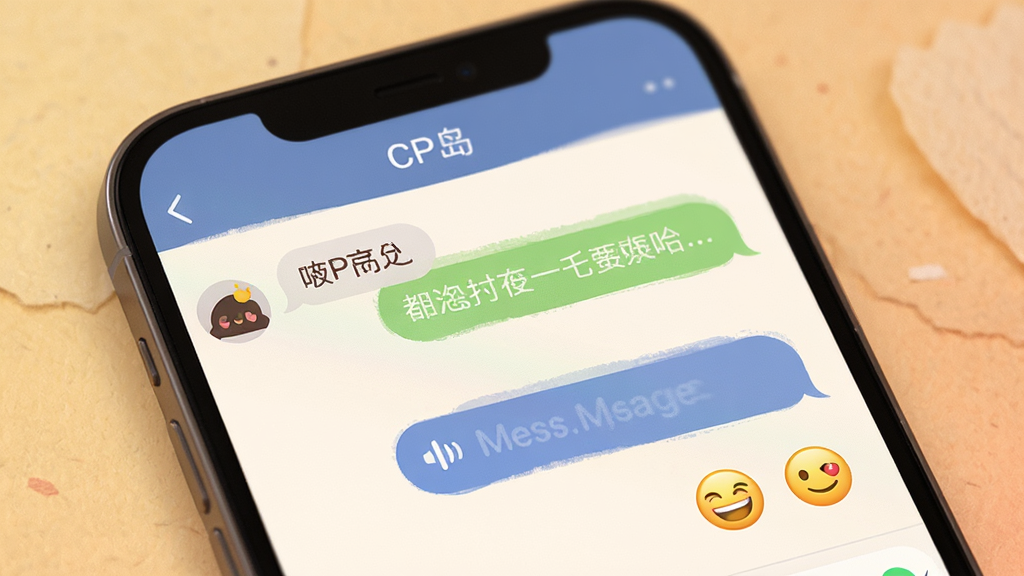 软件名称“CP岛”聊天界面特写,画面展示手机屏幕上的聊天窗口,包含文字气泡、语音消息条和表情按钮。背景为柔和的暖色调,带有轻微的纸张纹理。风格温馨友好,细节清晰,画质干净,无多余元素