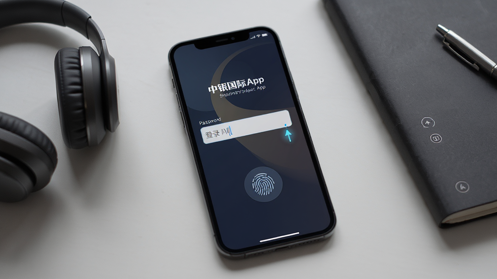 中银国际App的登录界面,屏幕中显示密码输入框与指纹识别按钮,背景为深色渐变,手机竖屏放置于桌面,旁边有耳机与笔记本,风格安静专注,细节包含输入框的光标闪烁与界面文字清晰,画质高清,干净,无多余元素