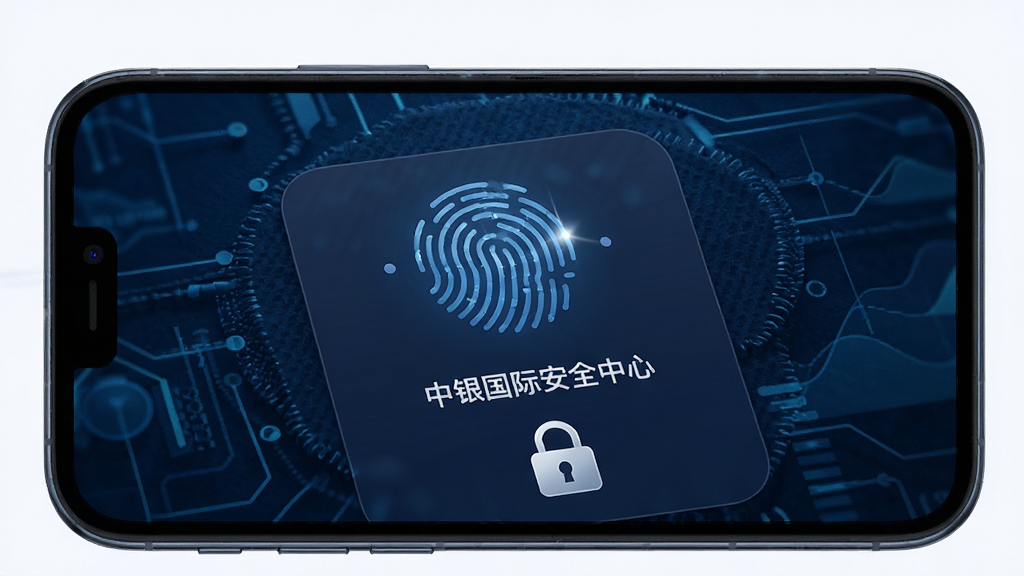 中银国际App的安全中心界面,屏幕中显示指纹识别图标与安全锁标识,背景为深蓝色科技纹理,手机正面居中,风格安全可靠,细节包含指纹图标的光泽感与界面文字清晰,画质高清,干净,无多余元素
