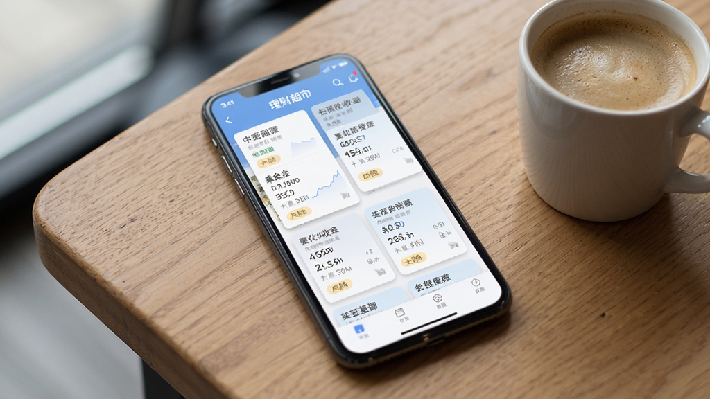中银国际App的理财超市页面,展示多款基金产品卡片,每张卡片包含产品名称、七日年化收益率与风险标签,界面采用柔和的蓝色调,手机斜放于木质桌面,旁边有一杯咖啡,风格生活化商务,细节包含卡片阴影与文字清晰,画质高清,干净,无多余元素