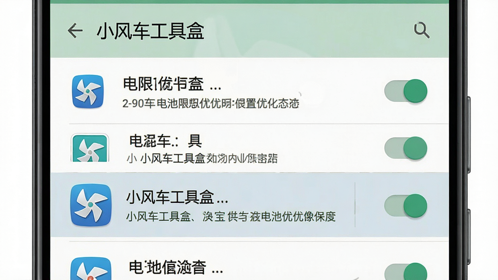 一张安卓手机展示设置权限与电池优化界面的插画,主体为“小风车工具盒”在电池优化列表中的条目,布局为上方标题、下方应用列表高亮显示该应用,风格为系统设置界面写实风,细节上带有开关按钮与说明文字,画质高清干净,无多余元素