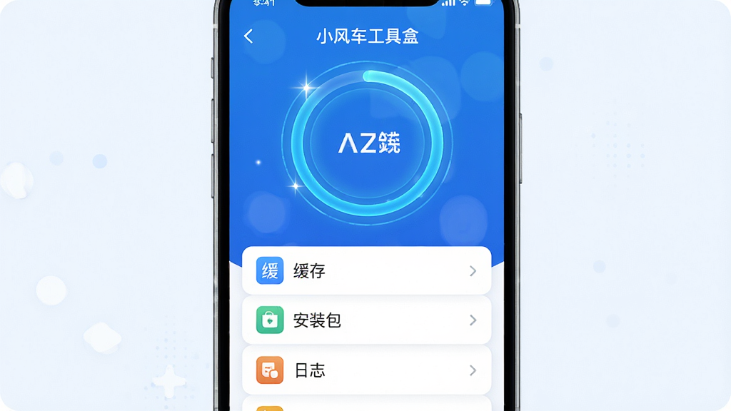 一张手机屏幕显示清理进度与垃圾文件分类的插画,主体为“小风车工具盒”清理界面,布局为上方圆形进度条、下方列表展示缓存、安装包、日志等分类,风格为科技蓝白配色,细节上进度条有光晕效果,画质高清干净,无多余元素