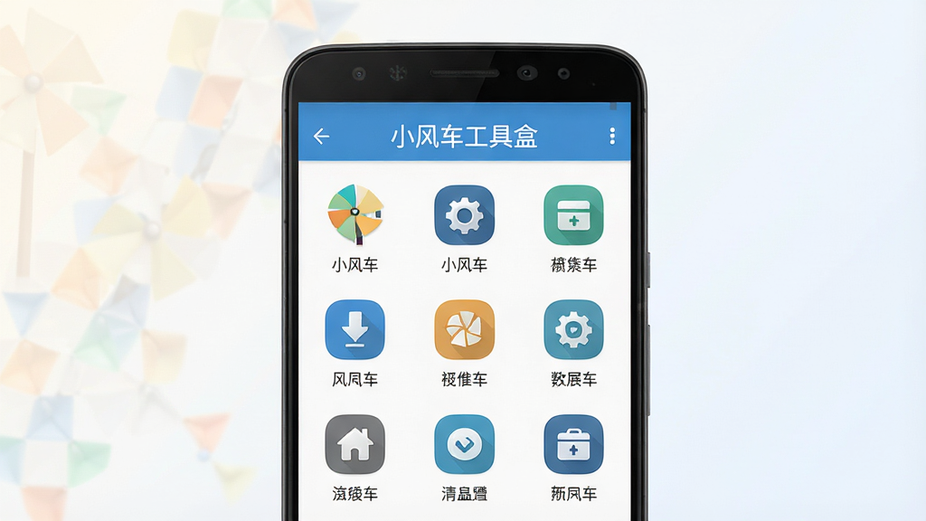 一张展示小风车工具盒软件主界面的预览图,画面中央是一部安卓手机,手机屏幕上显示着小风车工具盒的首页,界面包含多个功能图标整齐排列,顶部有“小风车工具盒”文字标识,背景为干净的浅色渐变,整体风格简洁清爽,布局居中对称,细节清晰,画质干净,无多余元素