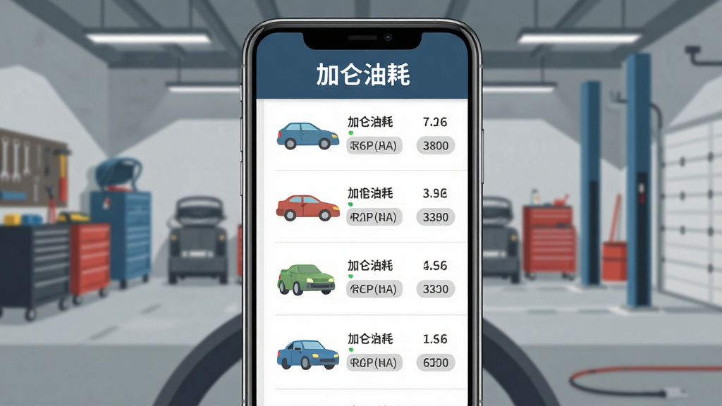 手机界面展示加仑油耗的多车辆管理列表,每辆车配有图标与油耗概况,背景是车库场景,风格现代扁平化,细节丰富,画质干净,画面顶部有“加仑油耗”标题