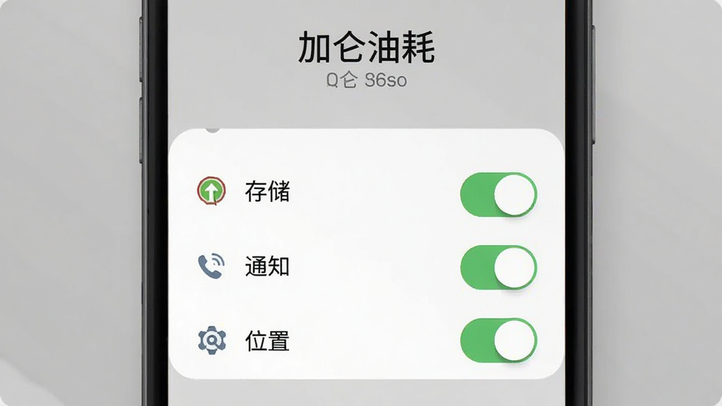 手机屏幕显示加仑油耗的权限设置引导页面,有存储、通知、位置等权限开关,背景是简约灰色,风格扁平化,细节清晰,画质干净,画面中出现“加仑油耗”文字