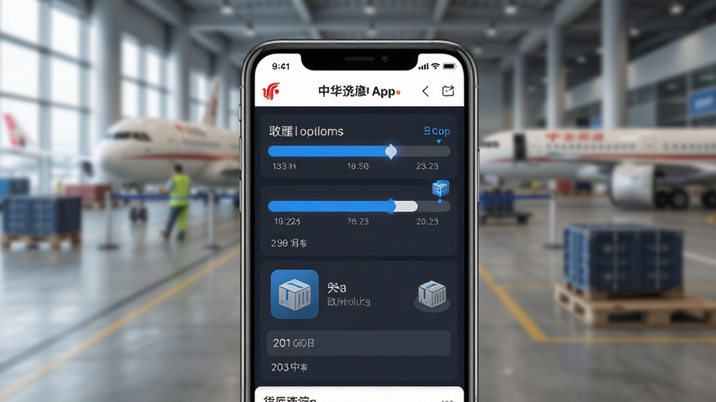 主体是手机屏幕展示中华航空App的货运追踪页面,背景为机场货运站场景,布局为手机居中、背景虚化,排版上突出屏幕内的物流进度条与货物图标,风格为现代写实风,细节包括蓝色进度条、货箱图标、日期节点,画质高清,画面干净,无多余元素