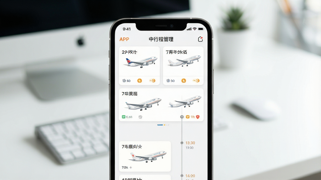 一张展示中华航空APP行程管理界面的图片,手机屏幕中显示多段航班卡片和时间轴布局,背景为浅色办公桌面虚化,风格为清爽极简风,细节清晰,画质干净,无多余元素