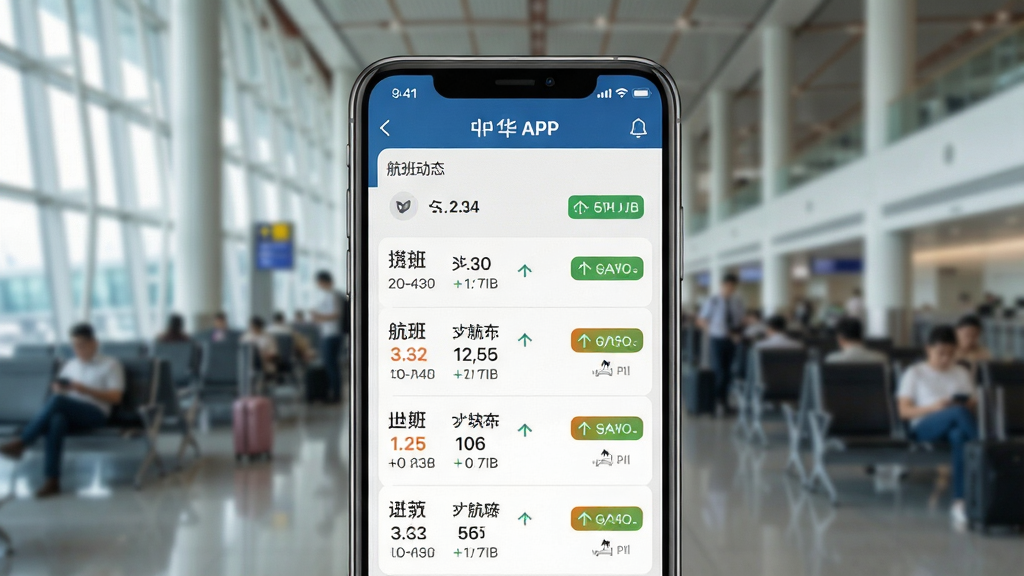 一张展示中华航空APP航班动态查询界面的图片,手机屏幕中显示航班列表与状态标签,背景为机场候机大厅虚化场景,风格为写实科技风,细节清晰,画质干净,无多余元素