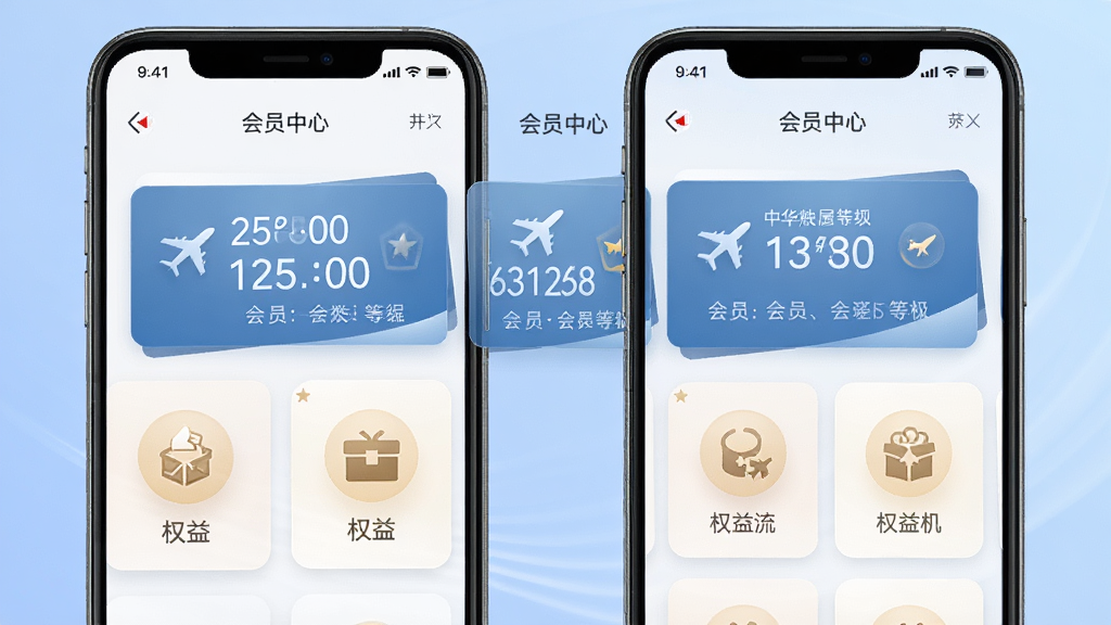 一张展示中华航空APP会员中心界面的图片,手机屏幕中显示里程数字、会员等级卡片和权益图标,背景为柔和的蓝色渐变,风格为高端商务风,细节清晰,画质干净,无多余元素