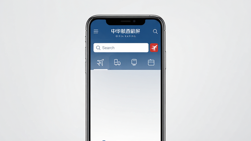 一张展示中华航空手机应用主界面的图片,画面中央是一部竖屏智能手机,屏幕内显示中华航空APP首页,顶部为典雅蓝色导航栏,中间有航班搜索框和功能图标,背景为简洁的浅灰渐变,风格为现代扁平化UI设计,细节清晰,画质干净,无多余元素