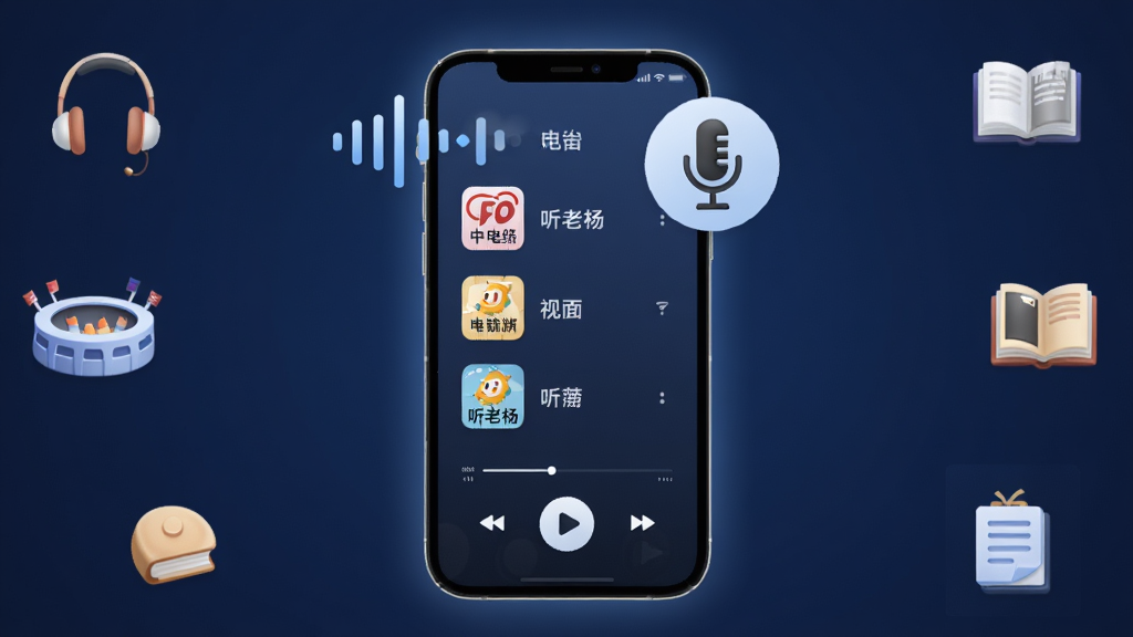 画面中央放置一部智能手机,手机屏幕显示音频播放界面,界面中有电台节目列表和播放按钮,手机上方漂浮着声波图标和麦克风图标,背景是深蓝色渐变,周围点缀着耳机、体育场、书籍等小图标,整体布局采用居中对称构图,风格为扁平化现代科技风,细节上手机边缘有柔和光晕,图标带有轻微立体感,画质为高清4K,画面干净整洁,无多余元素,图片中打文字“听老杨”