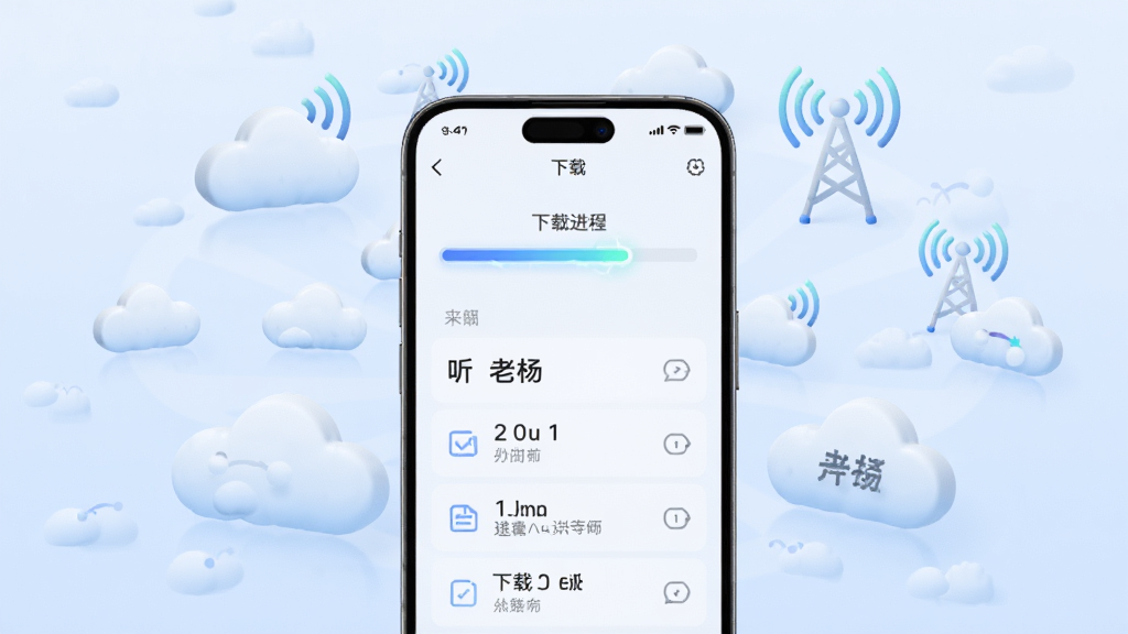 画面中央为一部手机,手机屏幕显示下载进度条和已下载列表,手机周围有云朵和信号塔图标表示网络切换,背景为浅蓝色渐变,布局采用中心发散构图,风格为简约科技风,细节上进度条有发光效果,云朵有立体感,画质为高清4K,画面干净整洁,无多余元素,图片中打文字“听老杨”