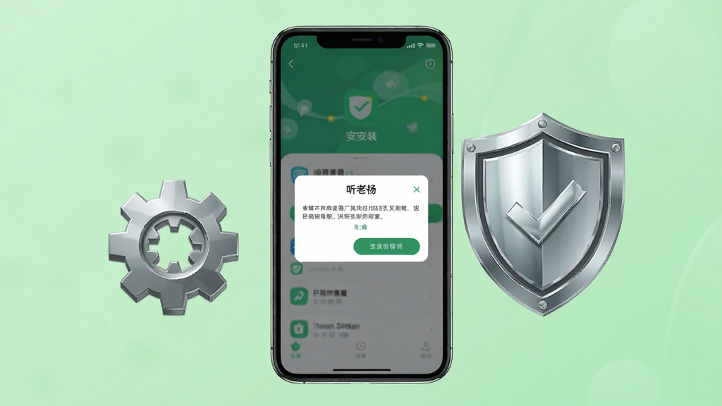 画面中央为一部手机,手机屏幕显示应用安装界面和权限设置弹窗,手机右侧有盾牌图标表示安全防护,左侧有齿轮图标表示设置,背景为浅绿色渐变,布局采用左右平衡构图,风格为扁平化安全主题风,细节上盾牌有金属光泽,齿轮有立体感,画质为高清4K,画面干净整洁,无多余元素,图片中打文字“听老杨”