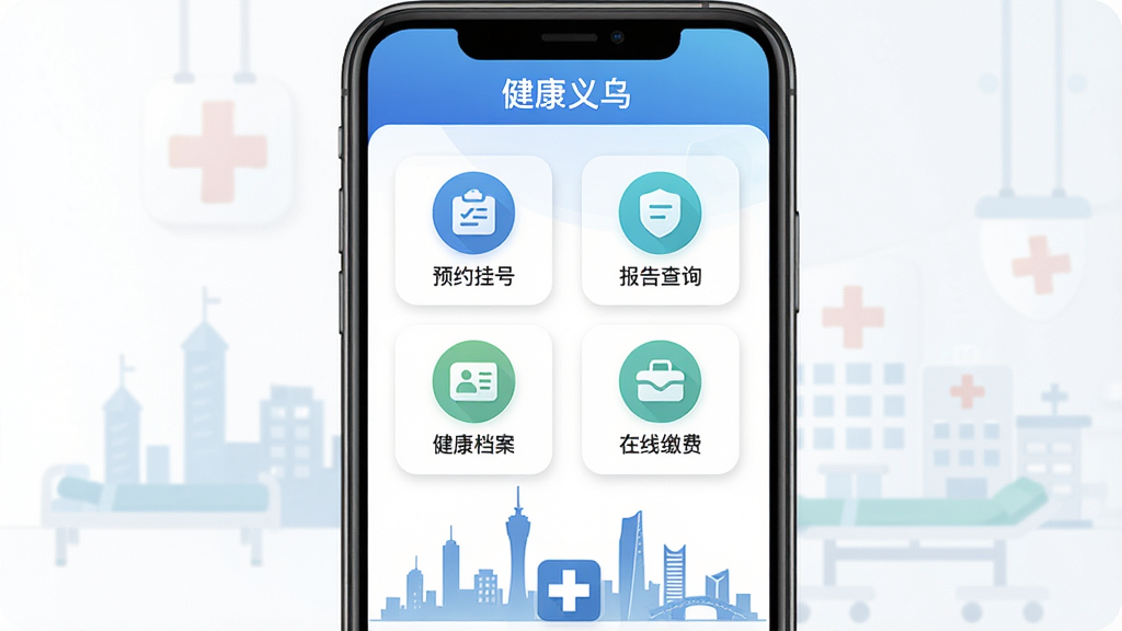 手机屏幕中央展示“健康义乌”应用主界面,顶部为蓝色渐变导航栏,中间排列预约挂号、报告查询、健康档案、在线缴费四个圆形功能图标,背景为干净的白色医疗风格,画面下方有义乌城市剪影与十字标志,整体布局简洁对称,风格为扁平化UI设计,细节包括圆角卡片和柔和阴影,画质清晰干净无多余元素