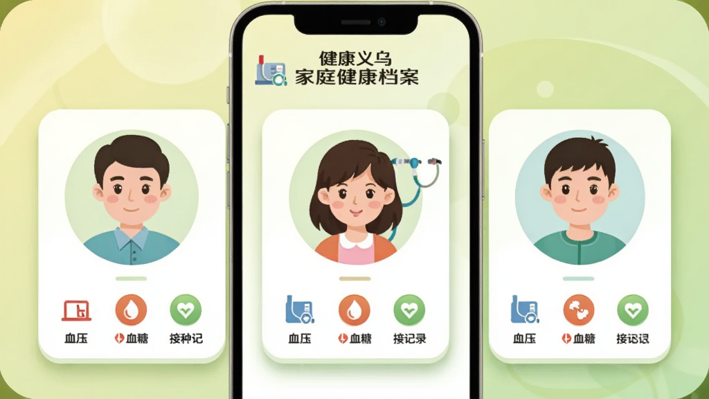 画面展示“健康义乌”家庭健康档案界面,手机屏幕内并排显示三个家庭成员头像卡片,每张卡片下方有血压、血糖、接种记录等小图标,背景为温馨的浅绿色渐变,风格为扁平化插画,细节包括圆润的卡片边角和柔和的投影,画质干净明亮无多余元素