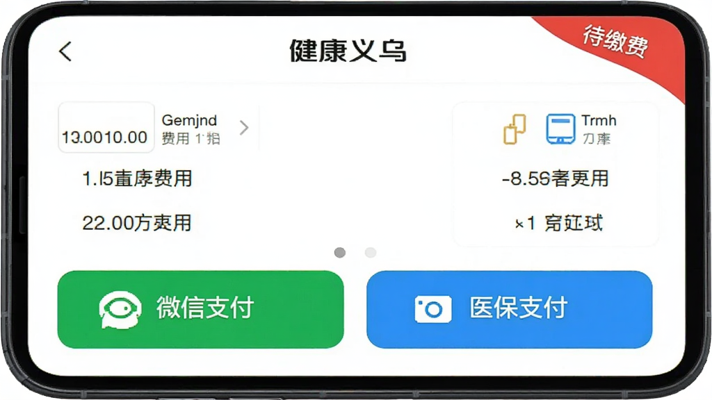 手机屏幕显示“健康义乌”在线缴费页面,中间为费用明细清单,下方有微信支付和医保支付两个大按钮,屏幕上方有“待缴费”红色角标,背景为干净的白色,风格为简洁商务风,细节包括清晰的金额数字和支付图标,画质干净无多余元素