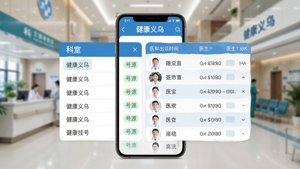 画面中央是一部智能手机,屏幕显示“健康义乌”预约挂号页面,左侧为科室列表,右侧为医生出诊时间表格,整体采用蓝色与白色搭配的医疗配色,背景为虚化的医院大厅场景,风格为写实UI合成图,细节包括清晰的号源状态标签和医生头像,画质干净整洁,无多余装饰元素