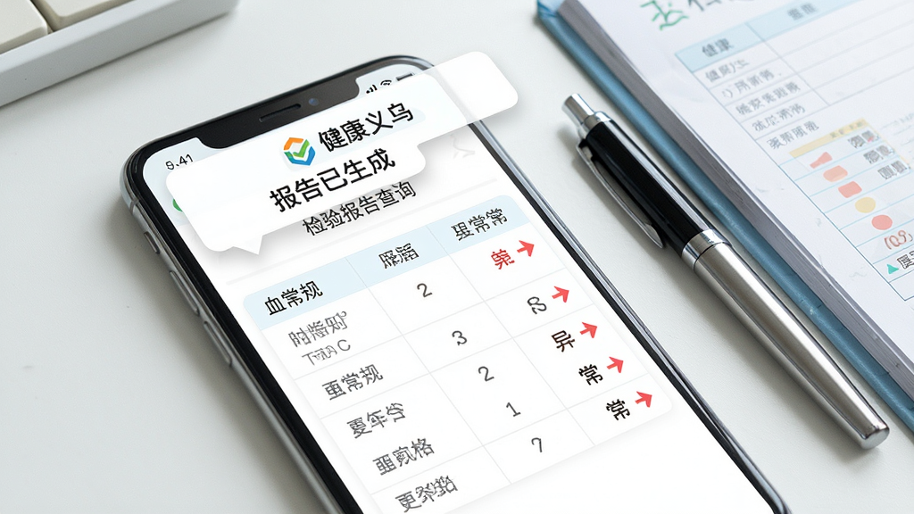 手机屏幕展示“健康义乌”检验报告查询界面,白色背景上排列着血常规各项指标表格,异常数值用红色小箭头标注,屏幕上方有“报告已生成”的推送通知气泡,旁边放着一支笔和病历本作为点缀,风格为清新医疗风,布局清晰有序,画质干净无杂乱元素
