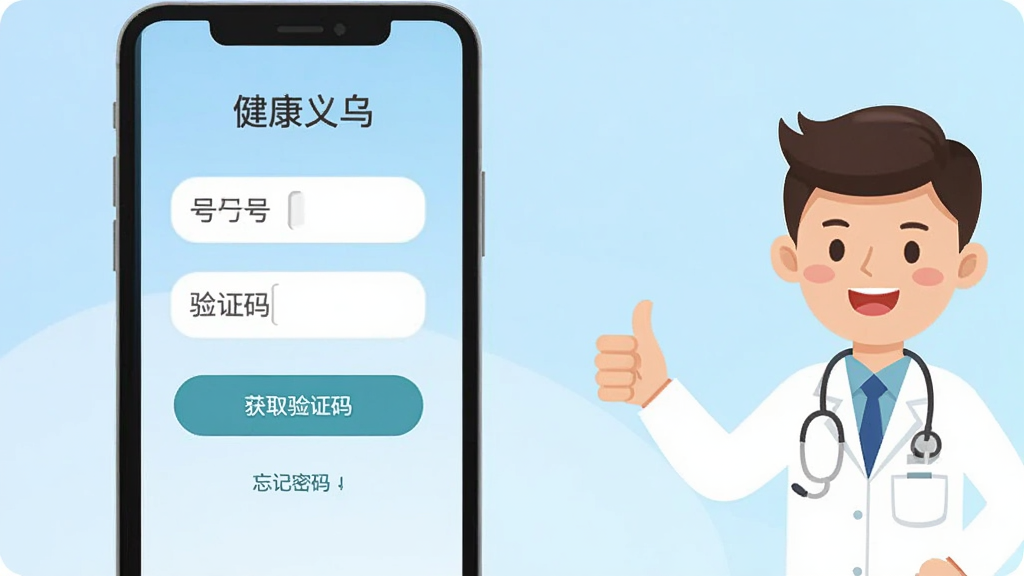 手机屏幕展示“健康义乌”登录页面,上方有手机号和验证码输入框,下方有“获取验证码”按钮和“忘记密码”链接,背景为淡蓝色渐变,画面右侧有一位医生竖起大拇指的卡通形象,风格为友好亲和的扁平插画,细节包括圆角输入框和清晰的按钮文字,画质干净无多余元素