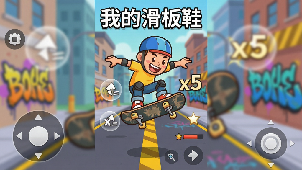 一幅竖版手机游戏界面截图风格的插画,画面中央是一个卡通角色踩着滑板在空中做抓板动作,周围环绕着半透明的动作图标和连击数字“x5”。背景是模糊的城市街道,地面有黄色警示线和涂鸦喷绘。画面顶部用白色描边字体写着“我的滑板鞋”,底部有虚拟按键提示。风格为扁平化卡通,色彩明亮,线条简洁,细节包括角色脸上的兴奋表情和滑板底部的磨损纹理。画质清晰,画面干净,无多余元素。