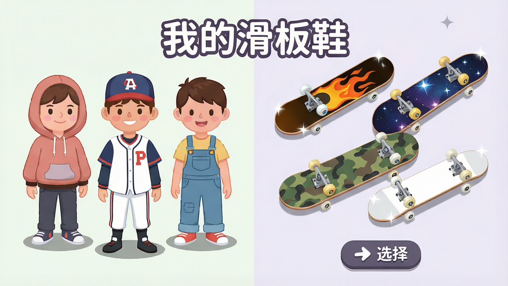 一幅展示游戏内角色与滑板自定义界面的插画,画面分为左右两部分。左侧是三个不同造型的卡通角色并排站立,分别穿着连帽衫、棒球服和背带裤;右侧是四块不同涂装的滑板悬浮展示,板面有火焰、星空、迷彩和纯色图案。画面中央上方用圆润字体写着“我的滑板鞋”,底部有“选择”按钮图标。风格为清新扁平化,色彩柔和,细节包括角色脚下的阴影和滑板边缘的高光。画质清晰,画面干净,无多余元素。