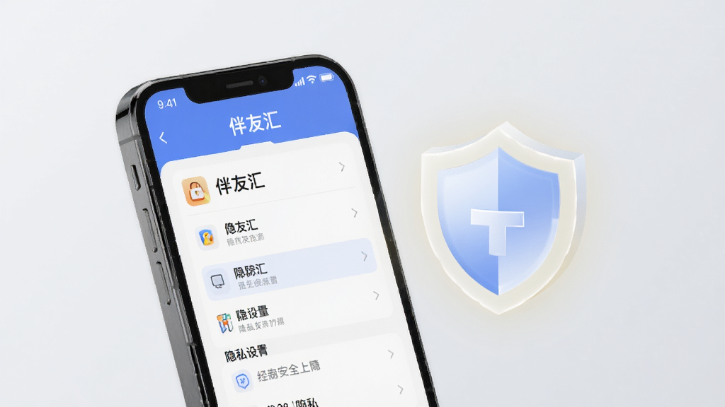一张表现隐私安全防护的示意图,画面中一部手机屏幕显示伴友汇的隐私设置页面,旁边有一个盾牌图标发出柔和光芒,背景为浅灰色,整体风格商务简约,细节清晰,画质干净,无多余元素