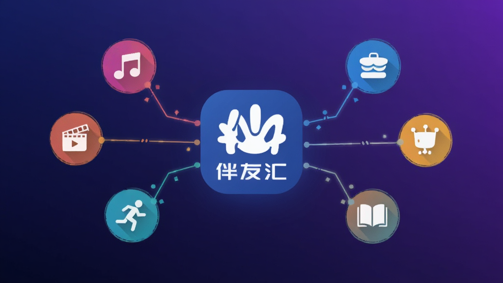 一幅表现智能匹配概念的插画,画面中心是伴友汇的Logo图标,周围环绕着代表不同兴趣的彩色小图标如音乐、电影、运动、阅读等,这些图标通过发光的线条连接到中心,象征算法精准连接,背景为深蓝到紫色的渐变,科技感与温度感并存,风格简洁扁平,画质清晰,无杂乱元素