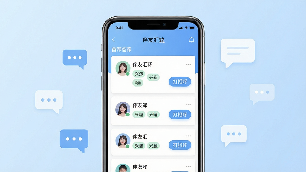 一张展示伴友汇软件核心界面的手机样机图,画面中央是一部竖屏智能手机,屏幕内显示伴友汇的首页推荐列表,包含用户头像、昵称、兴趣标签和打招呼按钮,背景为柔和的浅蓝色渐变,周围点缀几个简约的聊天气泡图标,整体风格清新现代,扁平化设计,细节清晰,画质干净,无多余元素
