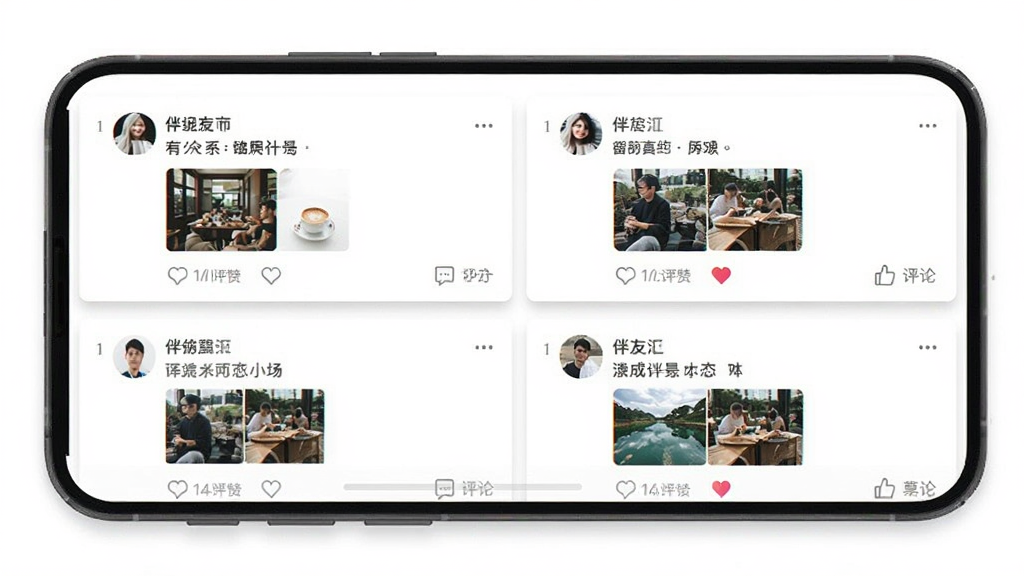 一张伴友汇动态广场页面的界面截图风格图,手机屏幕内展示多条用户动态卡片,包含头像、文字内容、配图缩略图和点赞评论图标,背景为纯白色,卡片带有轻微阴影,整体排版整齐,风格简约清爽,画质干净,无多余装饰