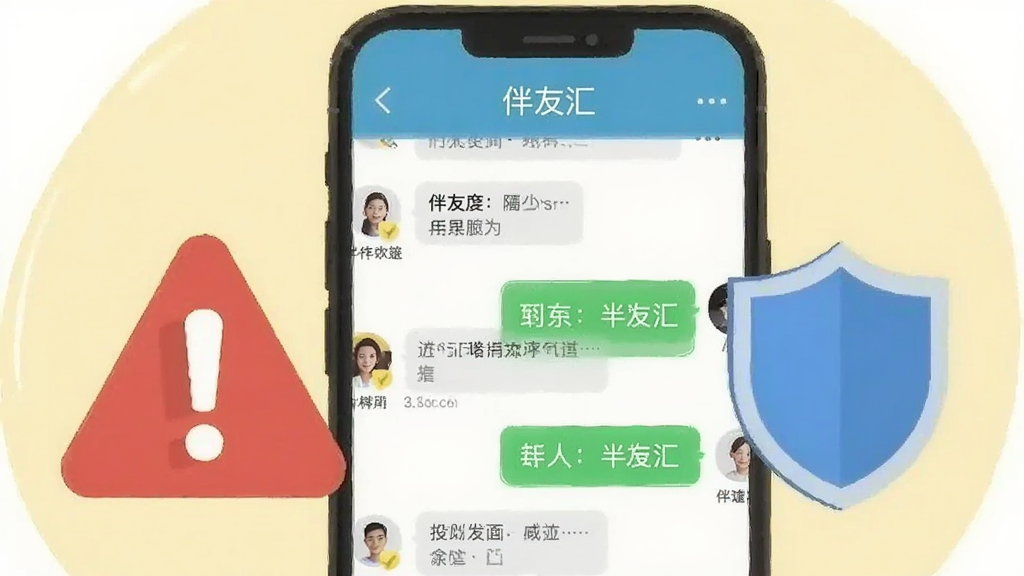 一张展示手机安全使用提示的插画,画面中一部手机屏幕显示伴友汇的聊天界面,旁边有一个红色的警告标志和盾牌,背景为浅黄色,整体风格简洁明了,细节清晰,画质干净,无多余元素