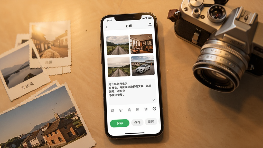 一张此地时光APP编辑界面的展示图,画面中手机屏幕显示正在编辑的一条记录,编辑区内有三张排列整齐的照片和一段文字,屏幕下方有保存按钮和标签选项,手机旁边放着一台复古相机和几张某地风景照片,背景是暖色调桌面,整体风格温馨文艺,画质清晰,无杂乱元素
