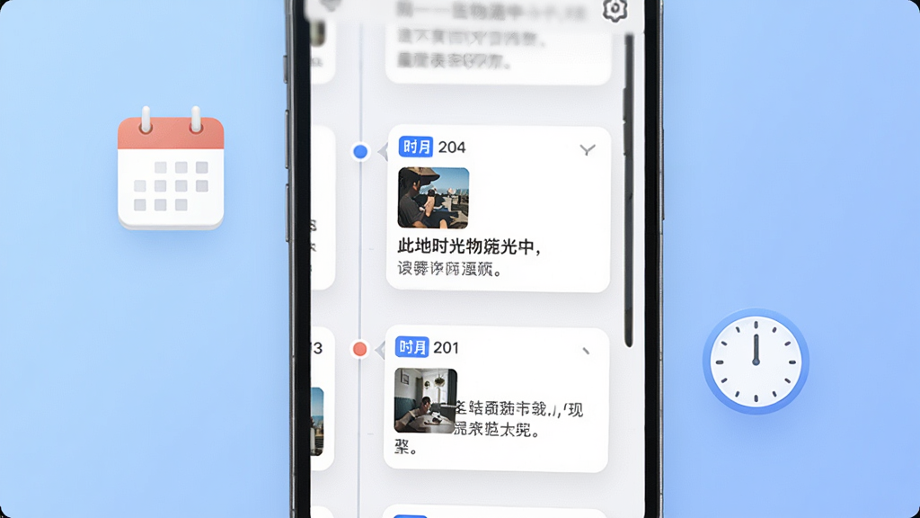 一张此地时光APP的功能展示图,画面主体是手机屏幕中的时间轴界面,时间轴上排列着多个带有日期标签的记录卡片,卡片中包含小图片和文字摘要,背景是柔和的渐变蓝色,屏幕旁边漂浮着日历图标和时钟图标,整体风格简约现代,布局清晰,画质干净高清,无多余装饰元素