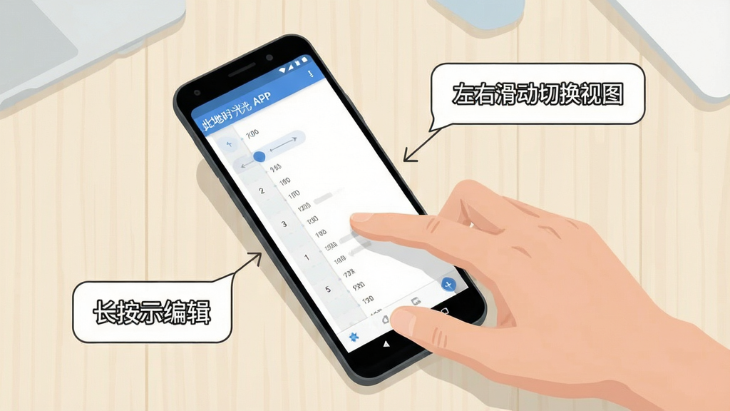 一张此地时光APP在安卓手机上的操作示意图,画面中一只手正在滑动手机屏幕,屏幕上显示时间轴界面,旁边用简洁的线条标注出
