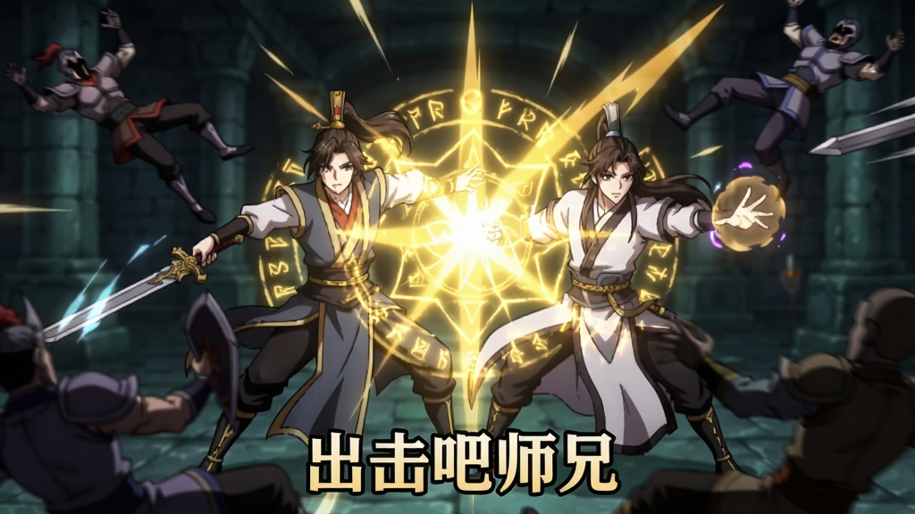 一张展示出击吧师兄合击技能释放瞬间的动感图片,画面中两位古装角色并肩作战,一人持剑一人施法,中间爆发出耀眼的金色光芒和符文特效,周围有敌人被击飞的动态效果,背景是幽暗的地下城场景,风格为热血动漫风格,色彩对比强烈,画质高清,画面干净无多余元素,图片下方有文字“出击吧师兄”