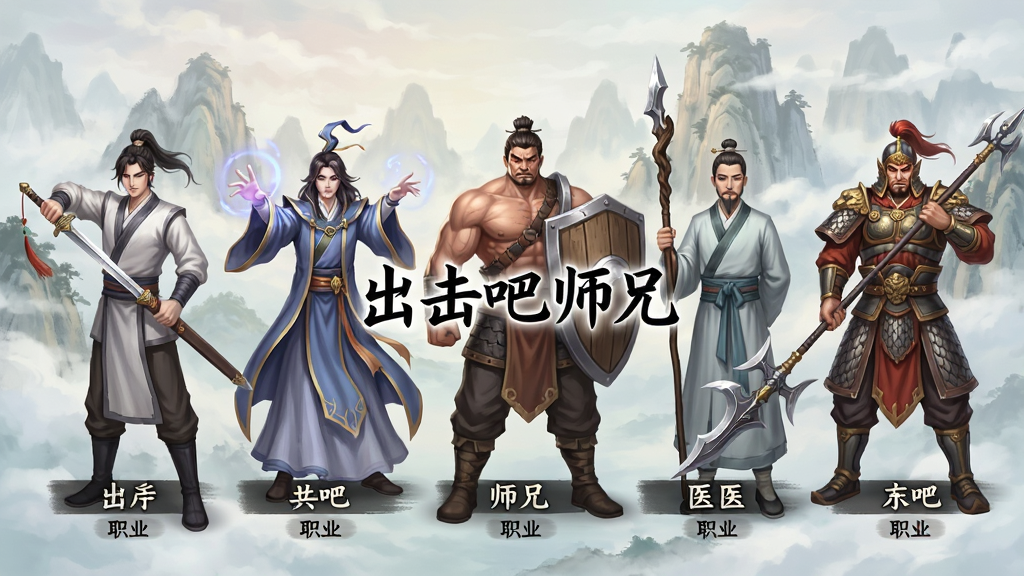 一张展示出击吧师兄角色选择界面的图片,画面中排列着五位风格各异的古装角色,分别是持剑的剑客、施法的法师、持盾的壮汉、持杖的医者和手持方天画戟的猛将,每个角色下方有名字和职业标签,背景是云雾缭绕的仙山场景,风格为唯美古风,色彩柔和,画质细腻,布局整齐,无多余元素,图片中央有文字“出击吧师兄”