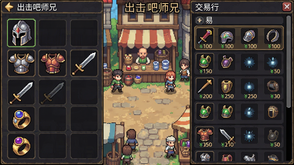 一张展示出击吧师兄装备界面和交易行场景的图片,画面左侧是角色装备栏,显示头盔、铠甲、武器、戒指等装备槽位,右侧是交易行列表,有各种装备图标和价格标签,背景是游戏内的城镇市集,有NPC商人和玩家角色在走动,风格为像素RPG界面风格,色彩丰富,布局清晰,画质干净,无多余元素,图片中带有文字“出击吧师兄”