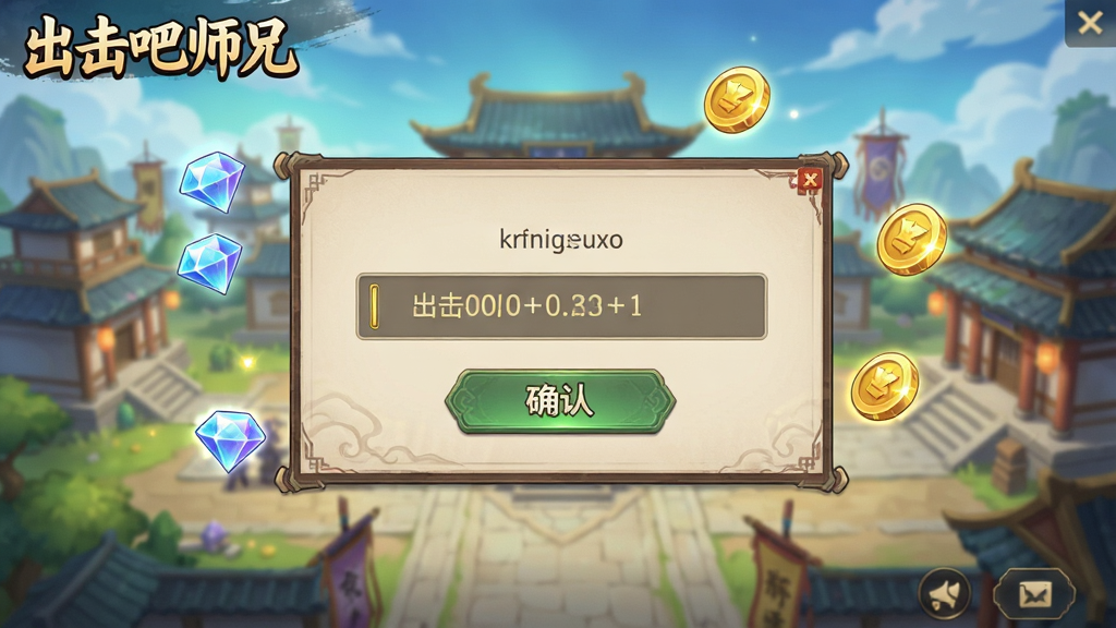 一张展示出击吧师兄游戏内兑换码输入界面的图片,画面中央是一个古风风格的弹窗,上面有输入框和确认按钮,输入框内显示一串字符,弹窗周围有钻石和金币的图标飘浮,背景是游戏主城的模糊场景,风格为游戏UI界面风格,色彩明亮,布局简洁,画质清晰,无多余元素,图片中带有文字“出击吧师兄”