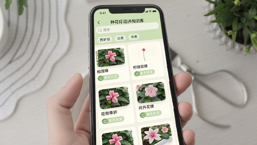 种花日记花卉知识库界面,手机屏幕显示多种花卉的养护卡片列表,每张卡片有小图、花名和简要养护标签,界面排版整齐,风格为简约卡片式设计,配色以浅绿和米白为主,细节包括搜索框和分类标签,画质清晰,干净,无多余元素
