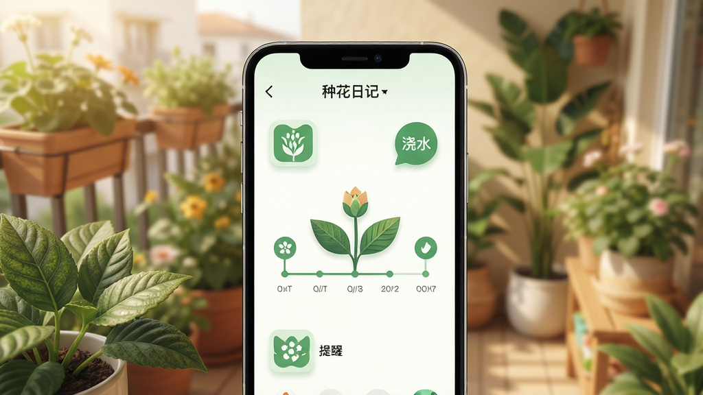 种花日记手机应用界面展示,画面中央是一部智能手机,屏幕显示清新的绿色植物养护界面,有花卉生长时间轴和浇水提醒图标,背景是温馨的阳台花园场景,排版简洁明了,风格为现代扁平化UI设计,细节包括叶片纹理和柔和阴影,画质高清,干净,无多余元素