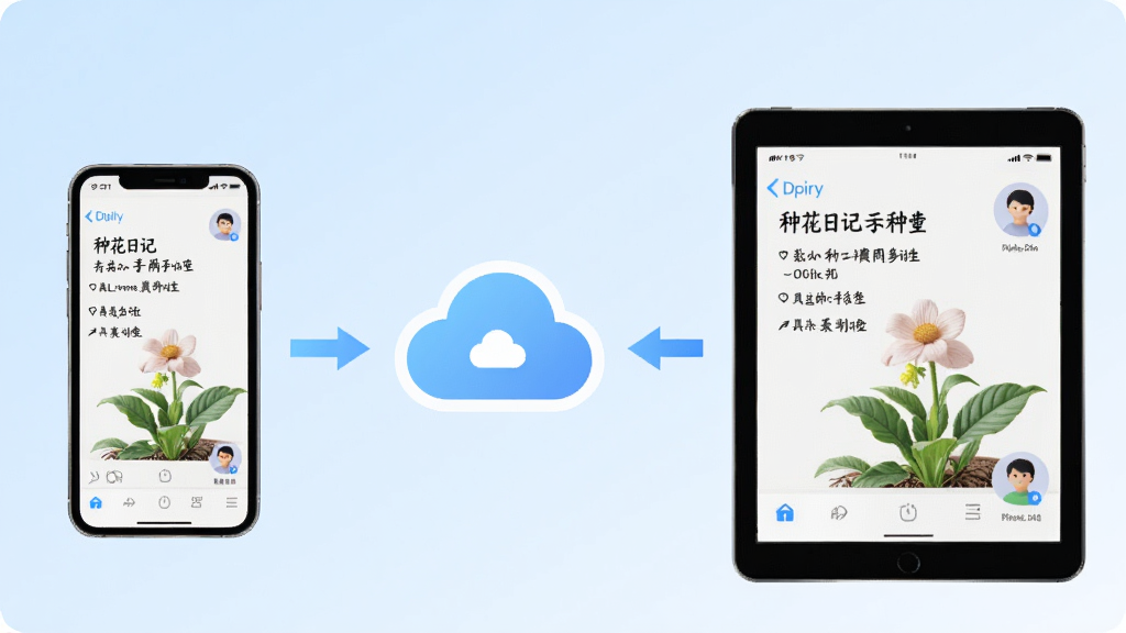 种花日记云端同步功能示意图,画面中手机和平板电脑通过云朵图标连接,设备屏幕均显示相同的植物日记内容,背景为淡蓝色渐变,风格科技简洁,细节包括同步箭头和账号头像,画质高清,干净,无多余元素