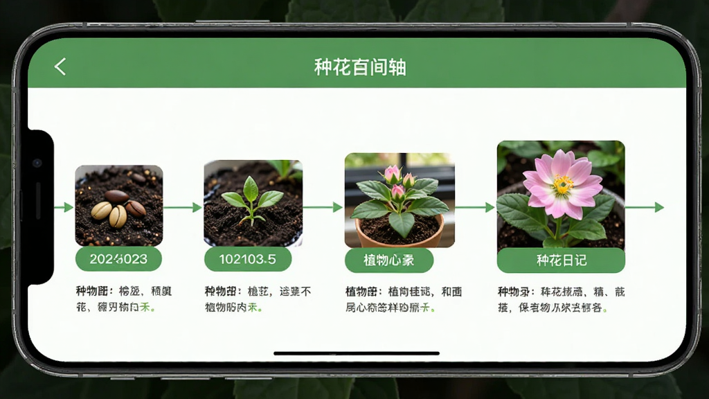 种花日记应用内的植物生长时间轴界面,画面以手机屏幕为主体,屏幕中展示多张植物从种子到开花的阶段照片按时间顺序排列,每张照片下方配有文字记录,界面配色以绿色和白色为主,风格清新自然,细节包括日期标签和植物名称,画质清晰,干净,无多余元素
